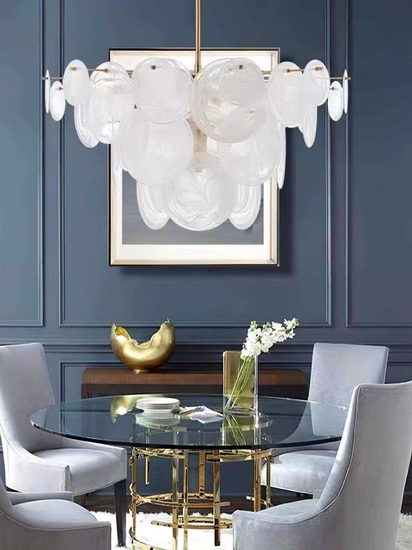 Modern Brass Discs and White Striped Glass Cascading Chandelier for Dining Rooms
