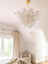 Modern Brass Discs and White Striped Glass Cascading Chandelier for Dining Rooms