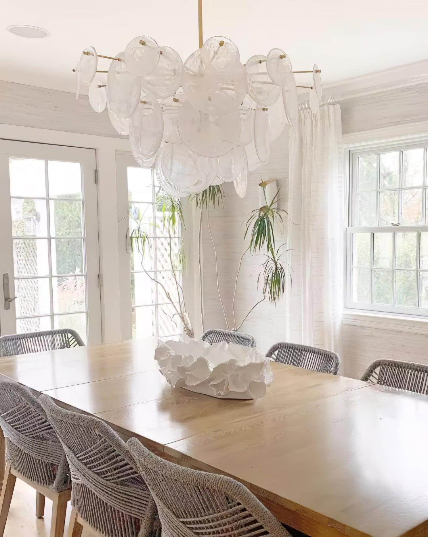Modern Brass Discs and White Striped Glass Cascading Chandelier for Dining Rooms