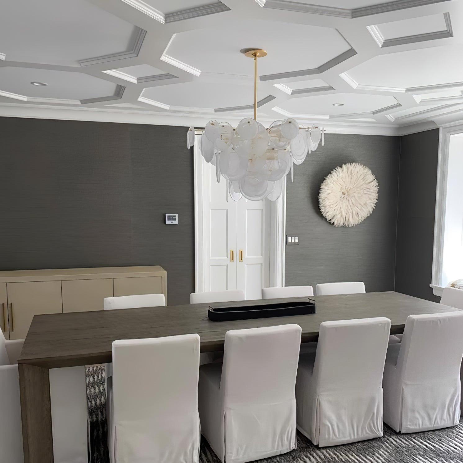 Modern Brass Discs and White Striped Glass Cascading Chandelier for Dining Rooms