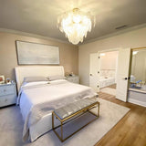 Modern Brass Discs and White Striped Glass Cascading Chandelier for Dining Rooms