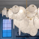 Modern Brass Discs and White Striped Glass Cascading Chandelier for Dining Rooms