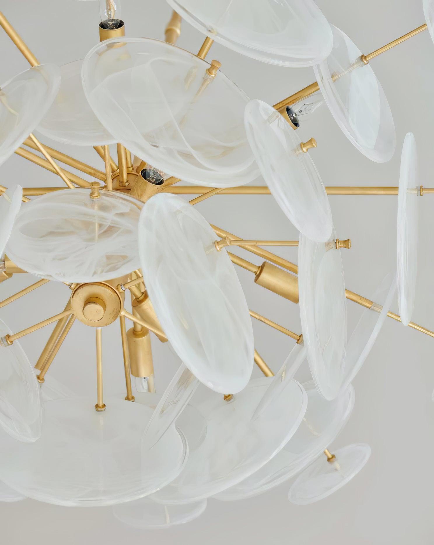 Modern Brass Discs and White Striped Glass Cascading Chandelier for Dining Rooms