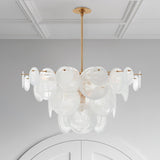 Modern Brass Discs and White Striped Glass Cascading Chandelier for Dining Rooms