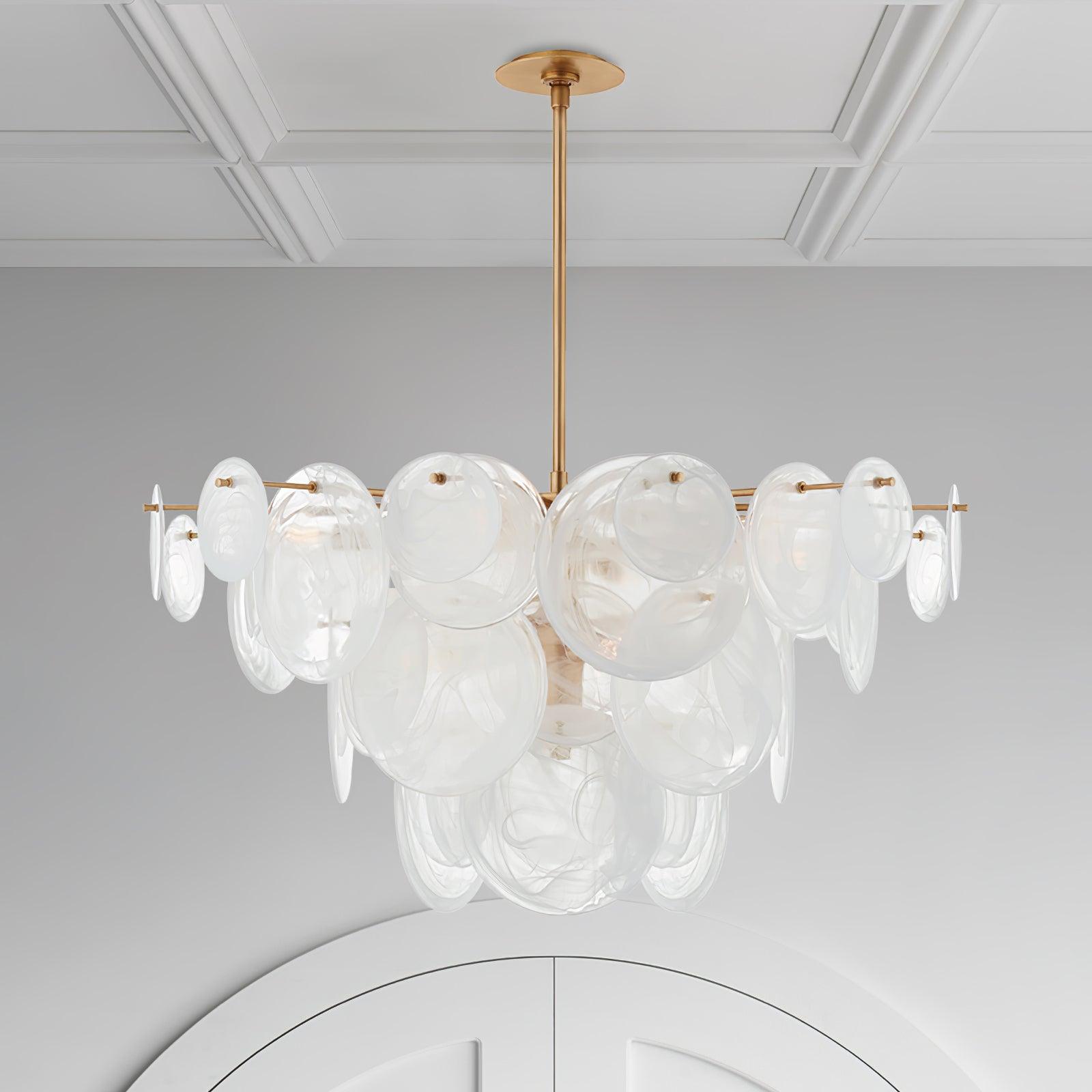 Modern Brass Discs and White Striped Glass Cascading Chandelier for Dining Rooms