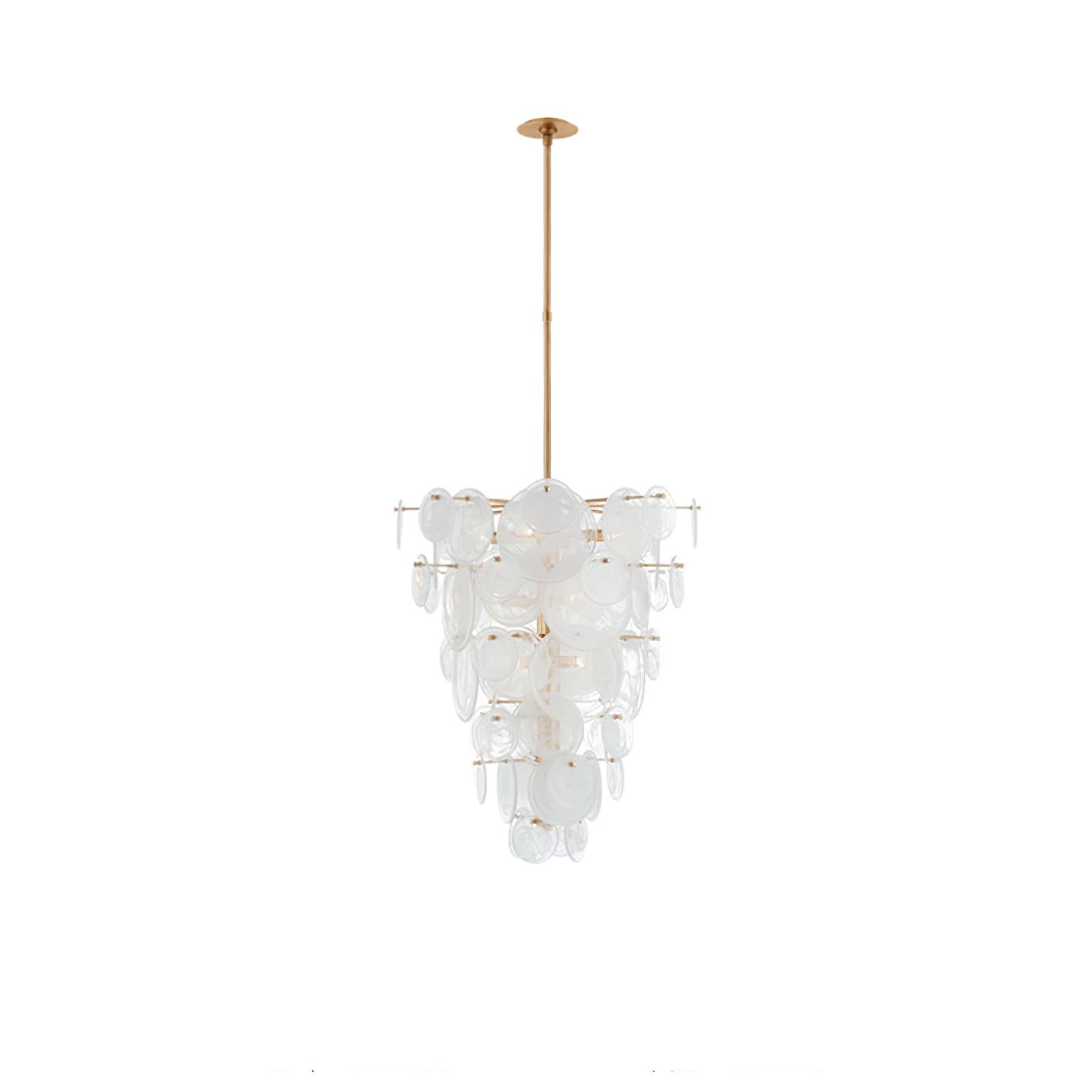 Modern Brass Discs and White Striped Glass Cascading Chandelier for Dining Rooms