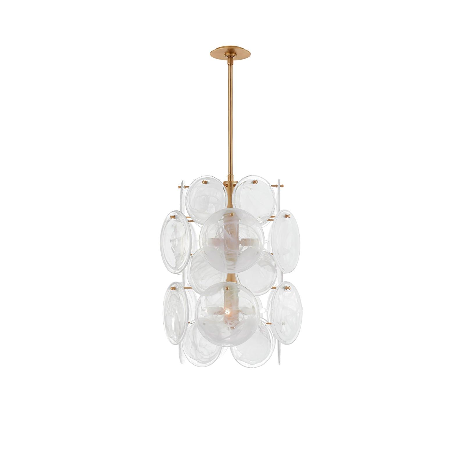 Modern Brass Discs and White Striped Glass Cascading Chandelier for Dining Rooms