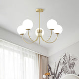 Modern Brass Globe Crown Chandelier with Elegant Curved Arms and Glass Ball Shades