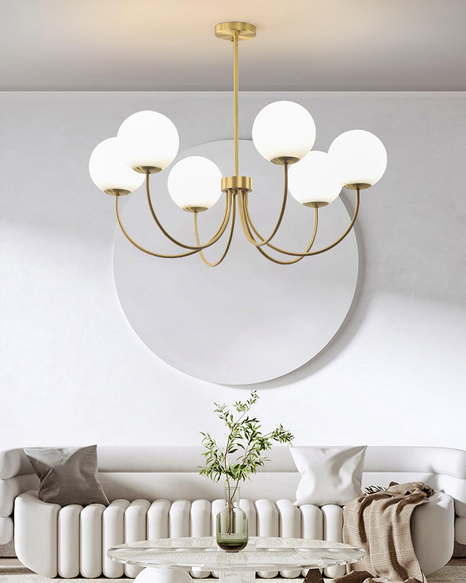Modern Brass Globe Crown Chandelier with Elegant Curved Arms and Glass Ball Shades