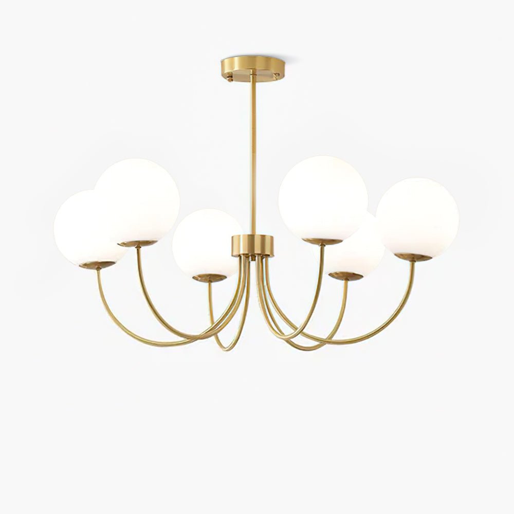 Modern Brass Globe Crown Chandelier with Elegant Curved Arms and Glass Ball Shades