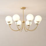 Modern Brass Globe Crown Chandelier with Elegant Curved Arms and Glass Ball Shades