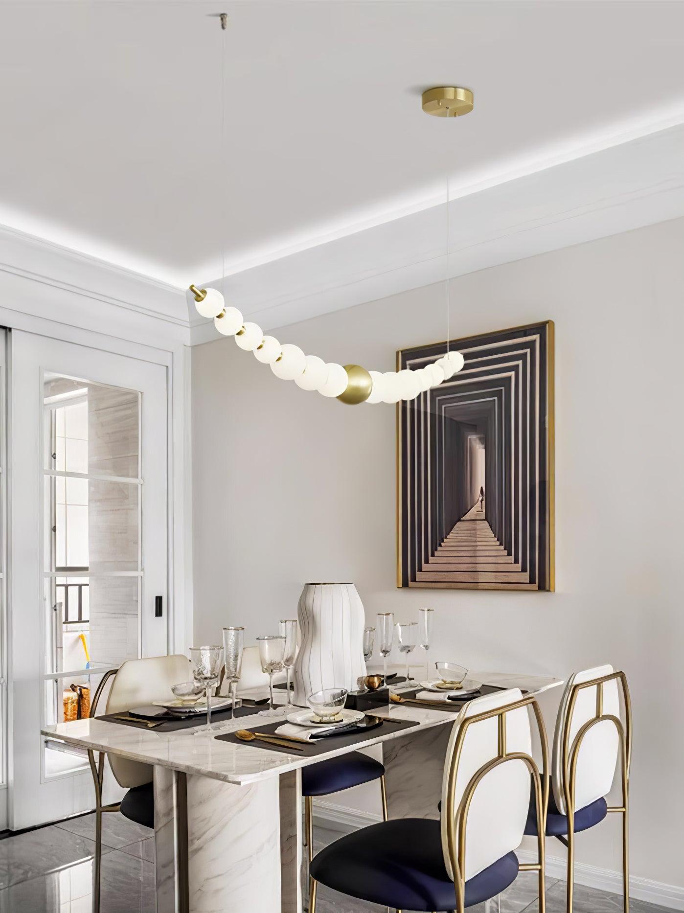 Modern Brass Pearl Chain Pendant Lamp with White Acrylic Globe LED Ceiling Light