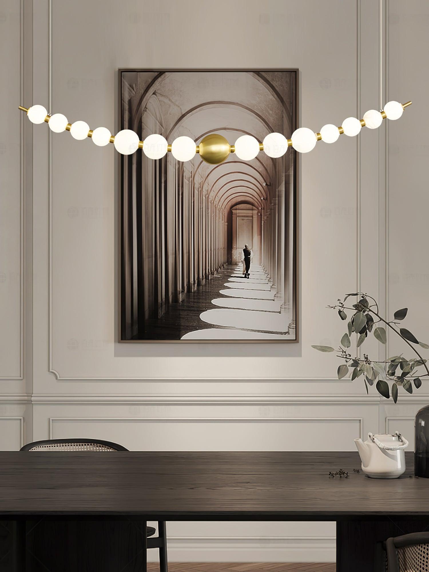 Modern Brass Pearl Chain Pendant Lamp with White Acrylic Globe LED Ceiling Light