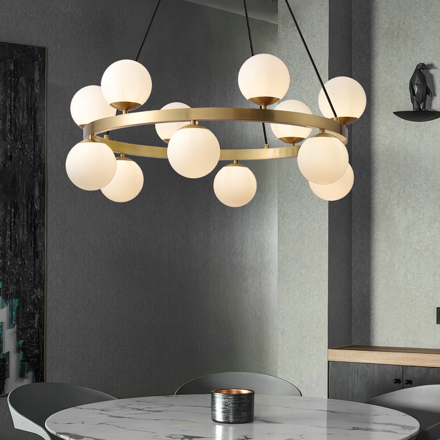 Modern Brass Ring Glass Globe Pendant Light Luxury Bubble Crown Chandelier for Dining Room