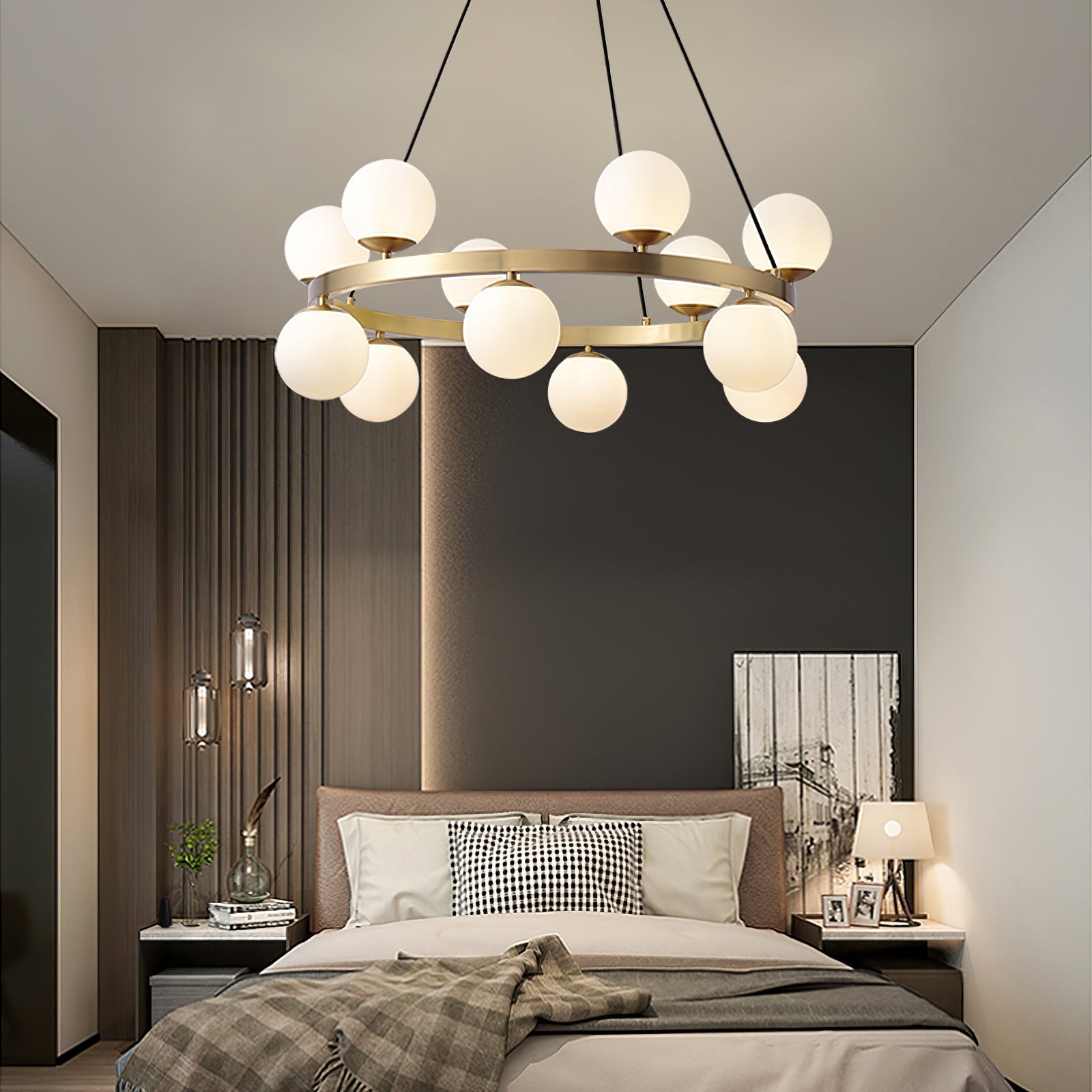 Modern Brass Ring Glass Globe Pendant Light Luxury Bubble Crown Chandelier for Dining Room