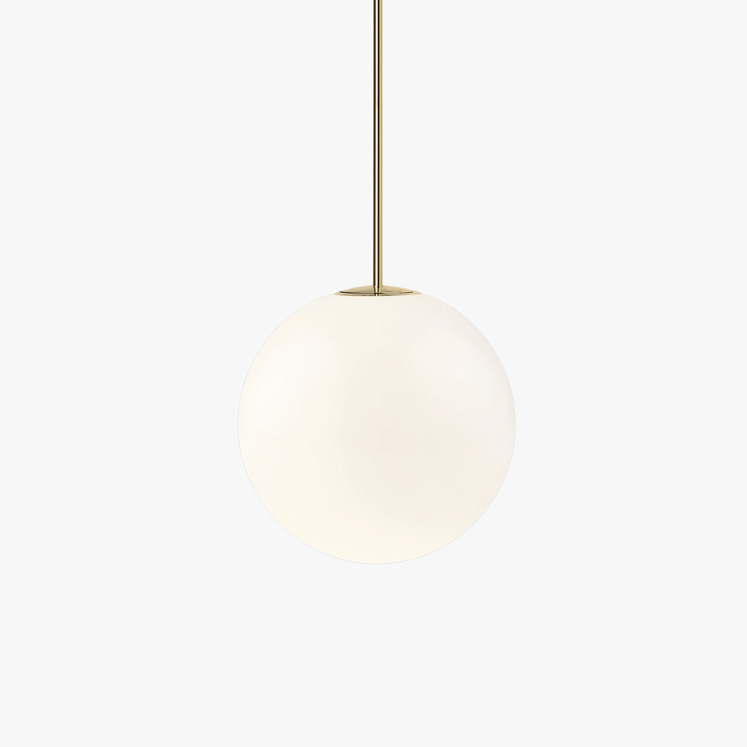 Modern Brass Rod Pendant Light with Spherical Mouth Blown Opal Glass Globe