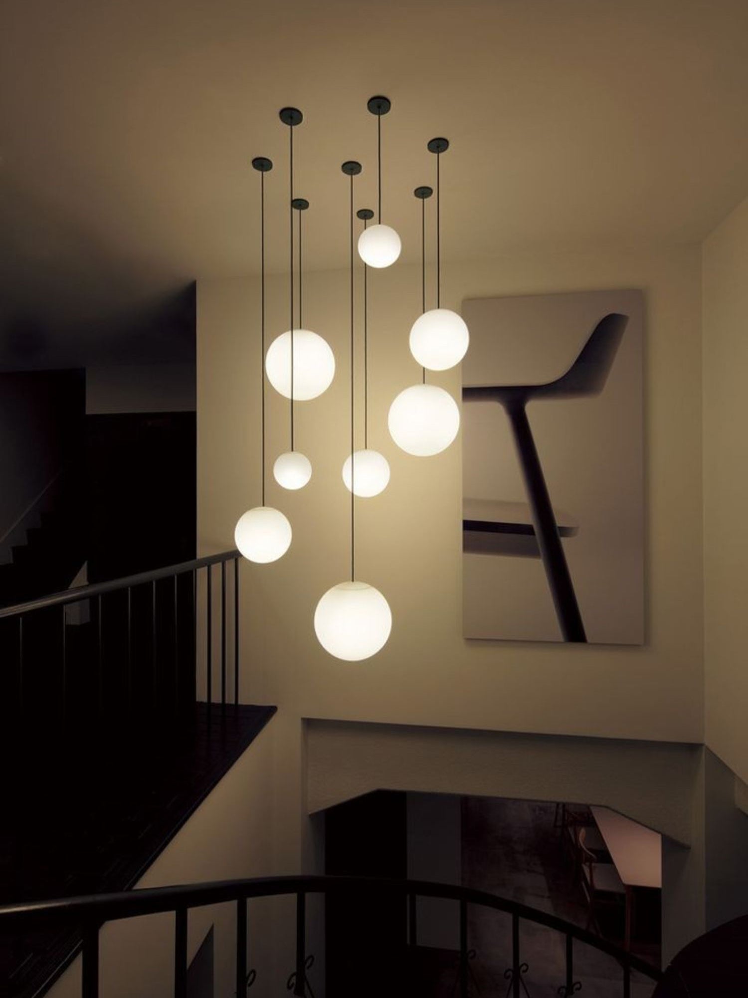 Modern Brass Rod Pendant Light with Spherical Mouth Blown Opal Glass Globe