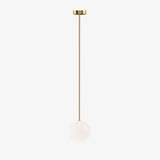 Modern Brass Rod Pendant Light with Spherical Mouth Blown Opal Glass Globe