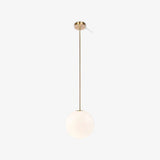 Modern Brass Rod Pendant Light with Spherical Mouth Blown Opal Glass Globe