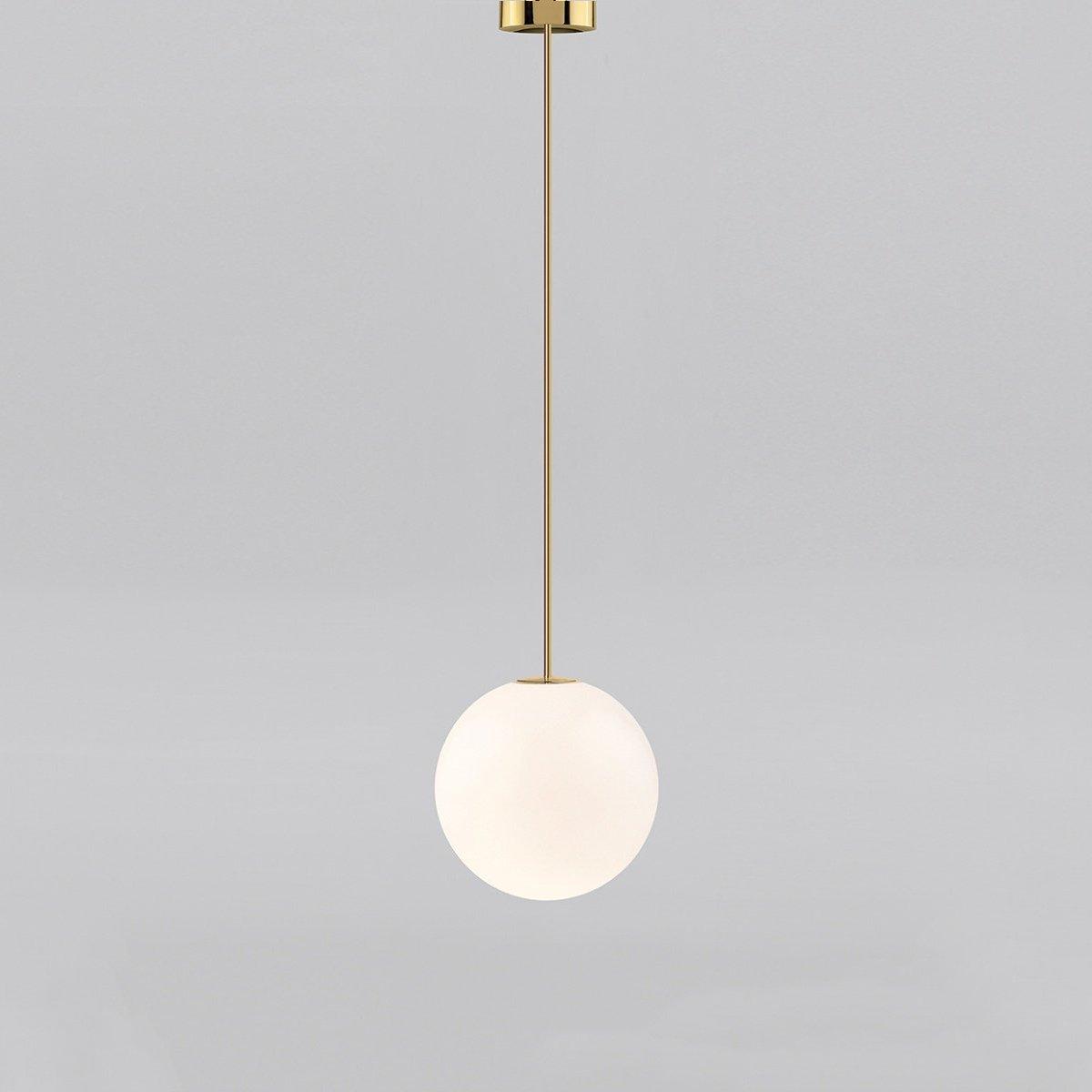 Modern Brass Rod Pendant Light with Spherical Mouth Blown Opal Glass Globe