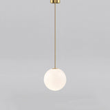 Modern Brass Rod Pendant Light with Spherical Mouth Blown Opal Glass Globe