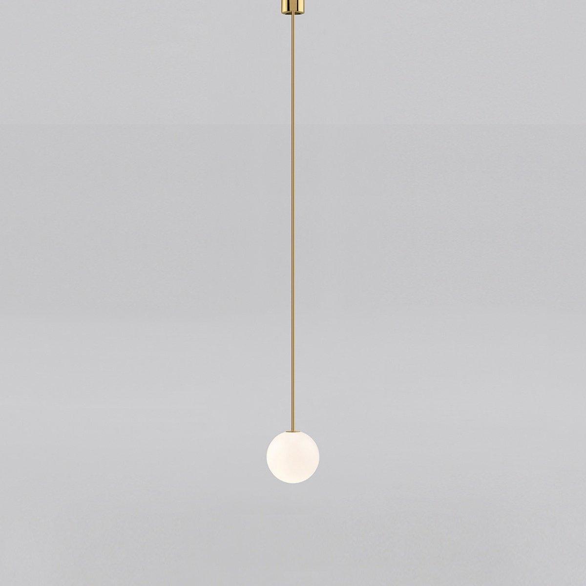 Modern Brass Rod Pendant Light with Spherical Mouth Blown Opal Glass Globe