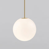 Modern Brass Rod Pendant Light with Spherical Mouth Blown Opal Glass Globe