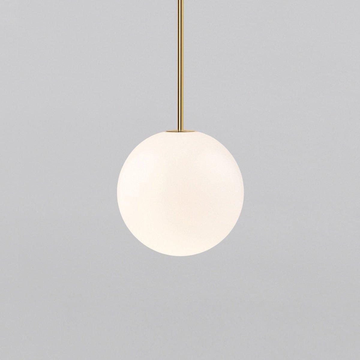 Modern Brass Rod Pendant Light with Spherical Mouth Blown Opal Glass Globe