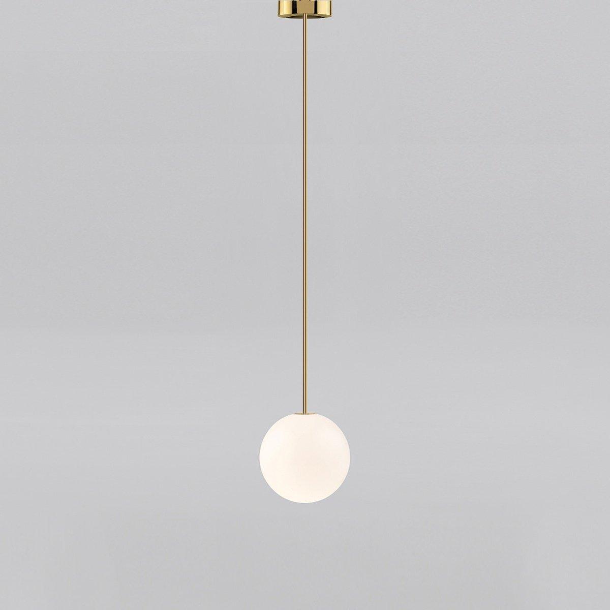 Modern Brass Rod Pendant Light with Spherical Mouth Blown Opal Glass Globe