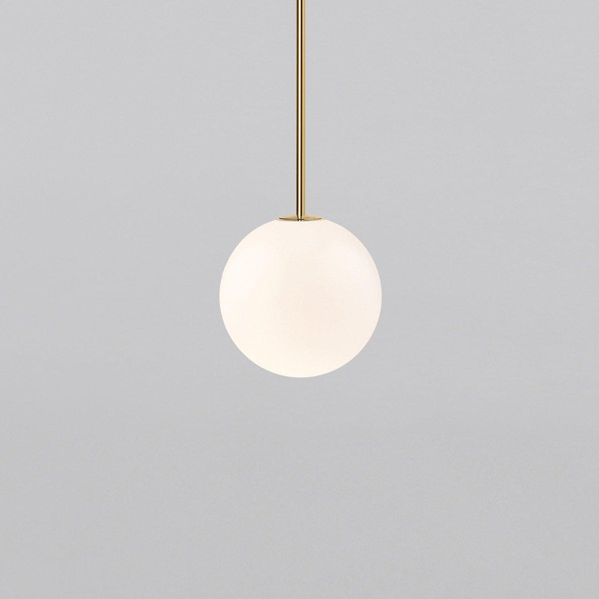 Modern Brass Rod Pendant Light with Spherical Mouth Blown Opal Glass Globe