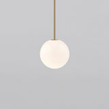 Modern Brass Rod Pendant Light with Spherical Mouth Blown Opal Glass Globe