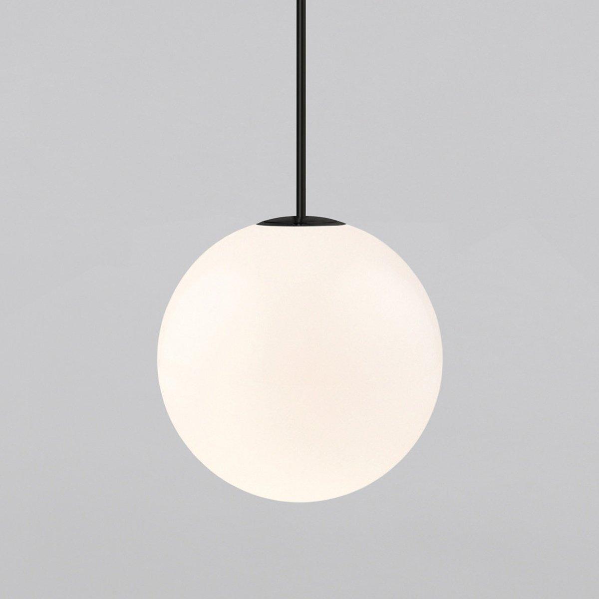 Modern Brass Rod Pendant Light with Spherical Mouth Blown Opal Glass Globe