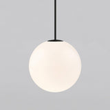 Modern Brass Rod Pendant Light with Spherical Mouth Blown Opal Glass Globe