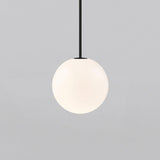 Modern Brass Rod Pendant Light with Spherical Mouth Blown Opal Glass Globe