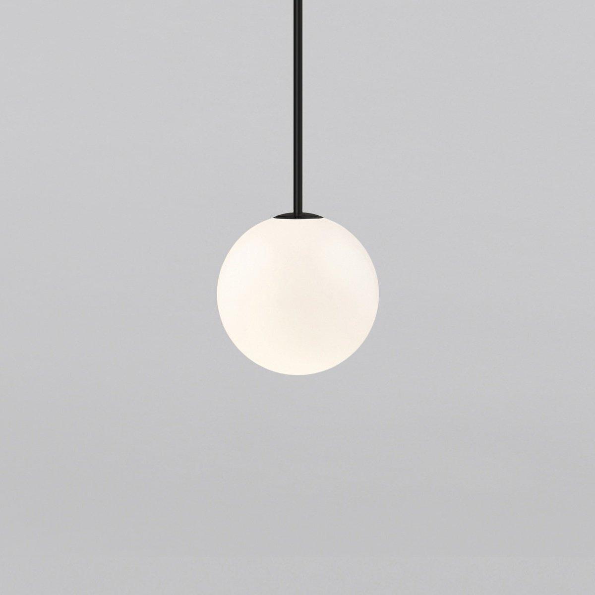 Modern Brass Rod Pendant Light with Spherical Mouth Blown Opal Glass Globe