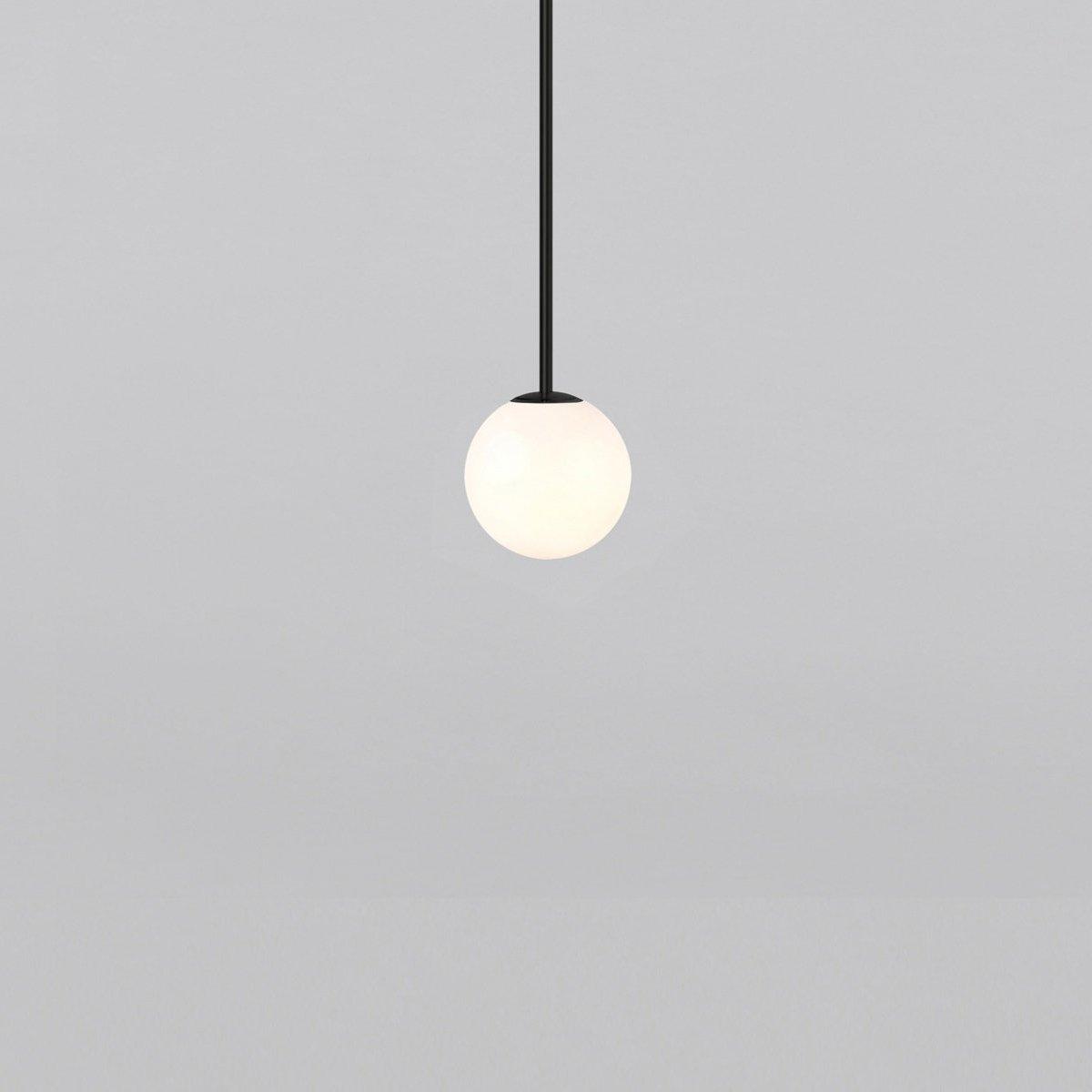 Modern Brass Rod Pendant Light with Spherical Mouth Blown Opal Glass Globe