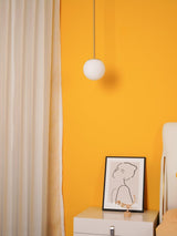 Modern Brass Rod Pendant Light with Spherical Mouth Blown Opal Glass Globe
