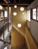 Modern Brass Rod Pendant Light with Spherical Mouth Blown Opal Glass Globe