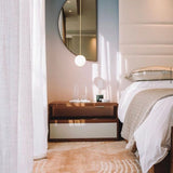 Modern Brass Rod Pendant Light with Spherical Mouth Blown Opal Glass Globe