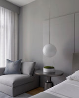 Modern Brass Rod Pendant Light with Spherical Mouth Blown Opal Glass Globe