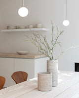 Modern Brass Rod Pendant Light with Spherical Mouth Blown Opal Glass Globe