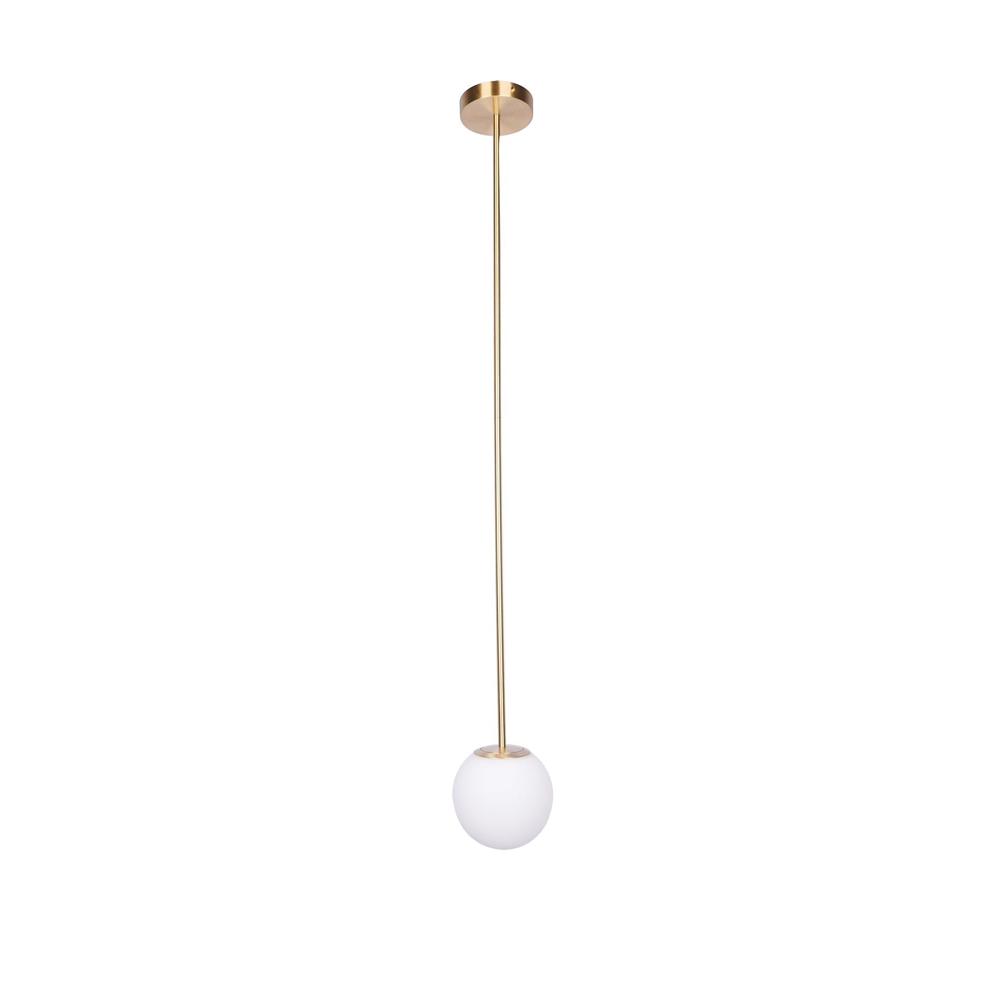 Modern Brass Rod Pendant Light with Spherical Mouth Blown Opal Glass Globe