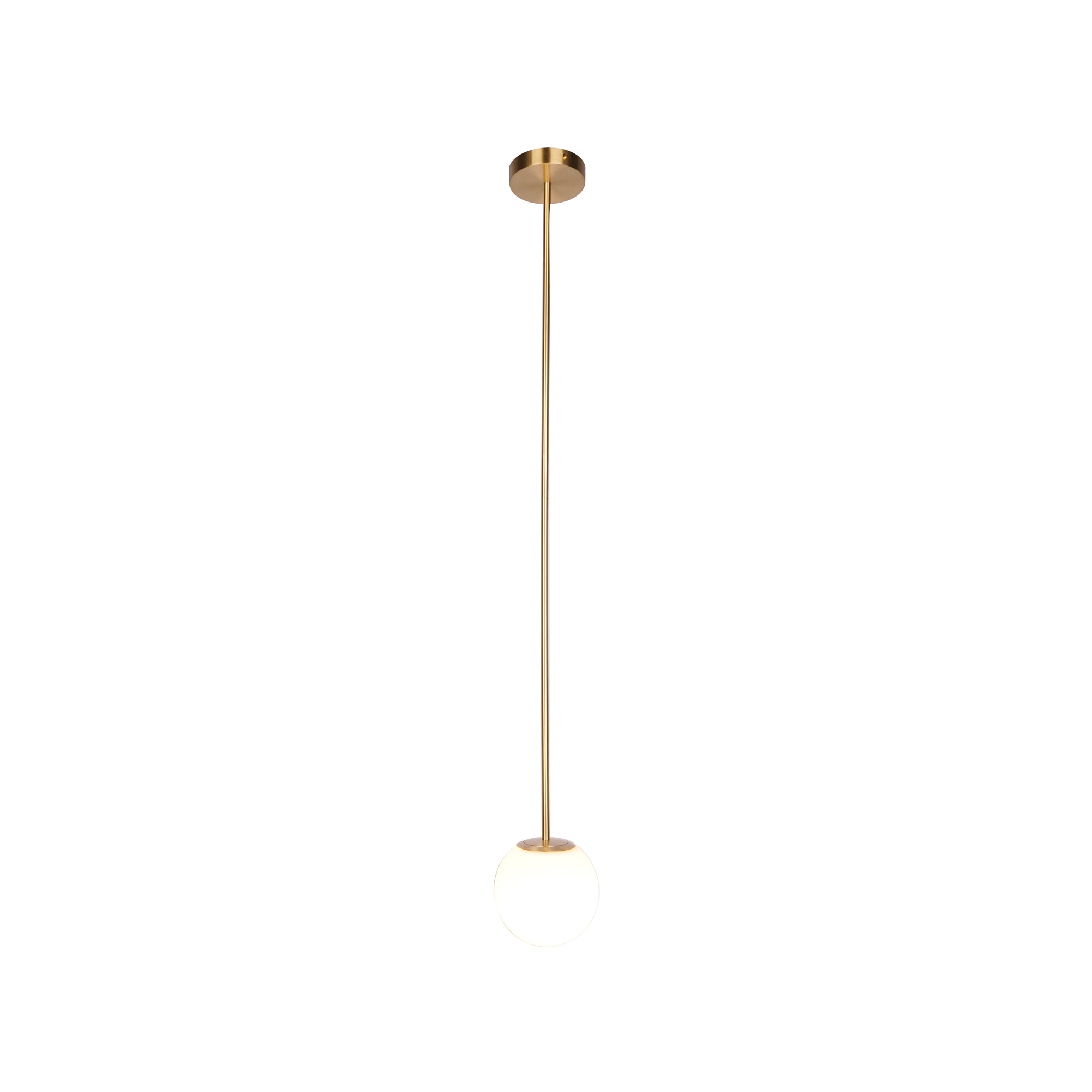 Modern Brass Rod Pendant Light with Spherical Mouth Blown Opal Glass Globe