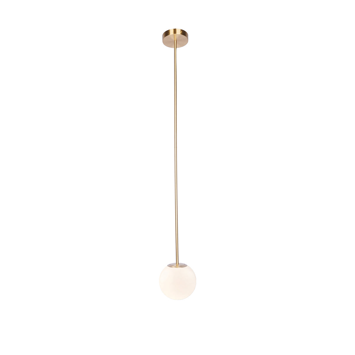 Modern Brass Rod Pendant Light with Spherical Mouth Blown Opal Glass Globe
