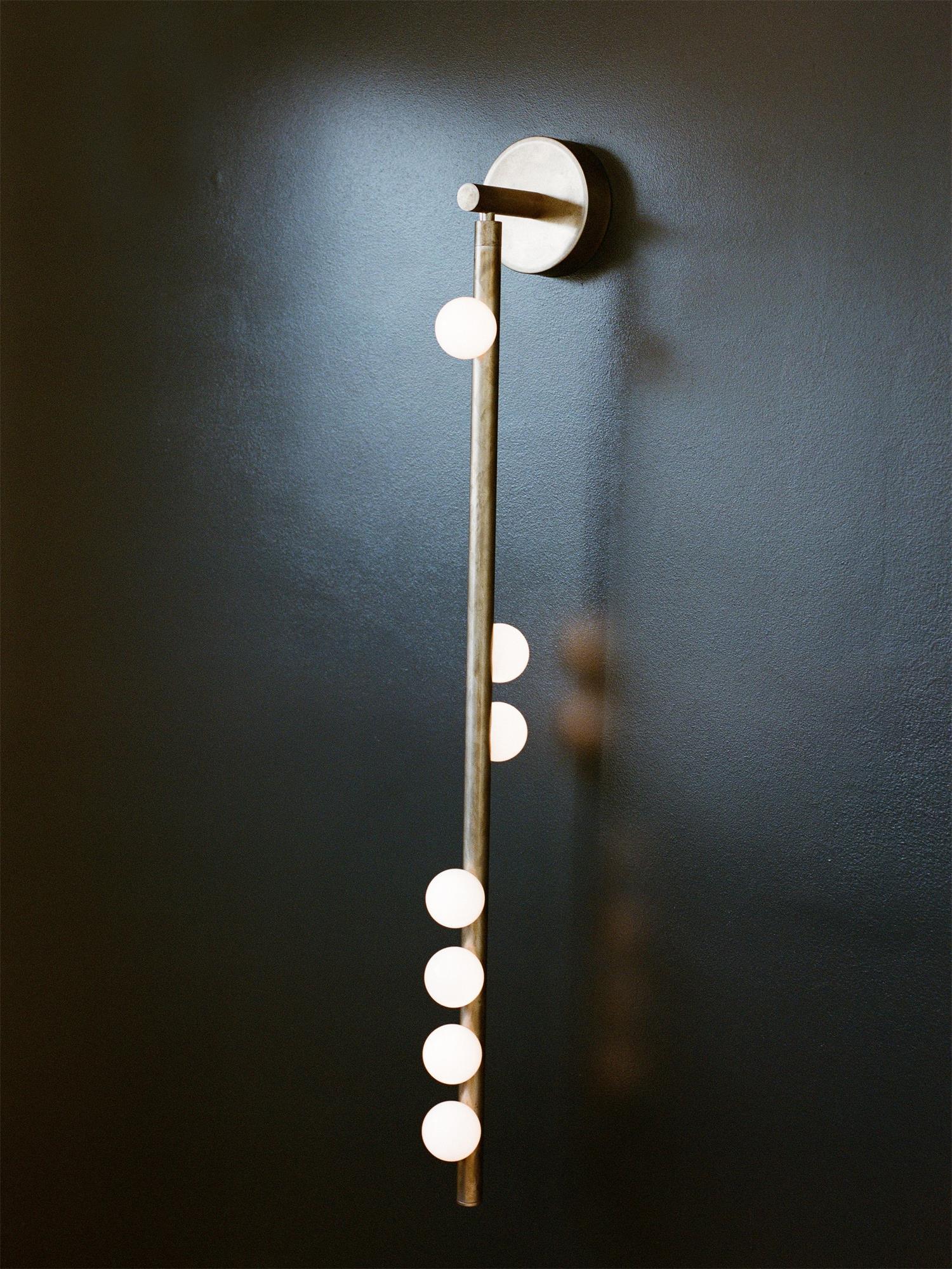 Modern Brass Wall Sconce with Blown Glass Droplets Vertical Tube LED Vanity Light