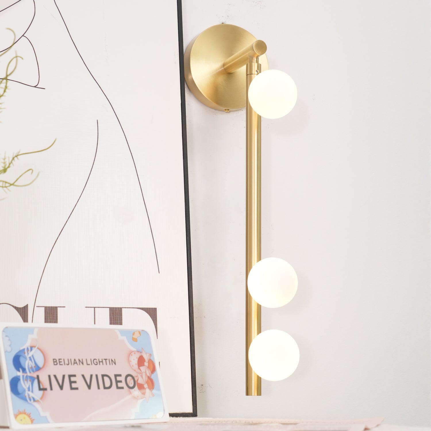 Modern Brass Wall Sconce with Blown Glass Droplets Vertical Tube LED Vanity Light