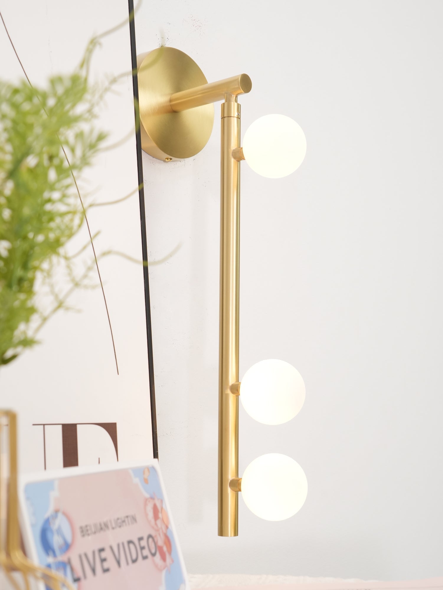 Modern Brass Wall Sconce with Blown Glass Droplets Vertical Tube LED Vanity Light