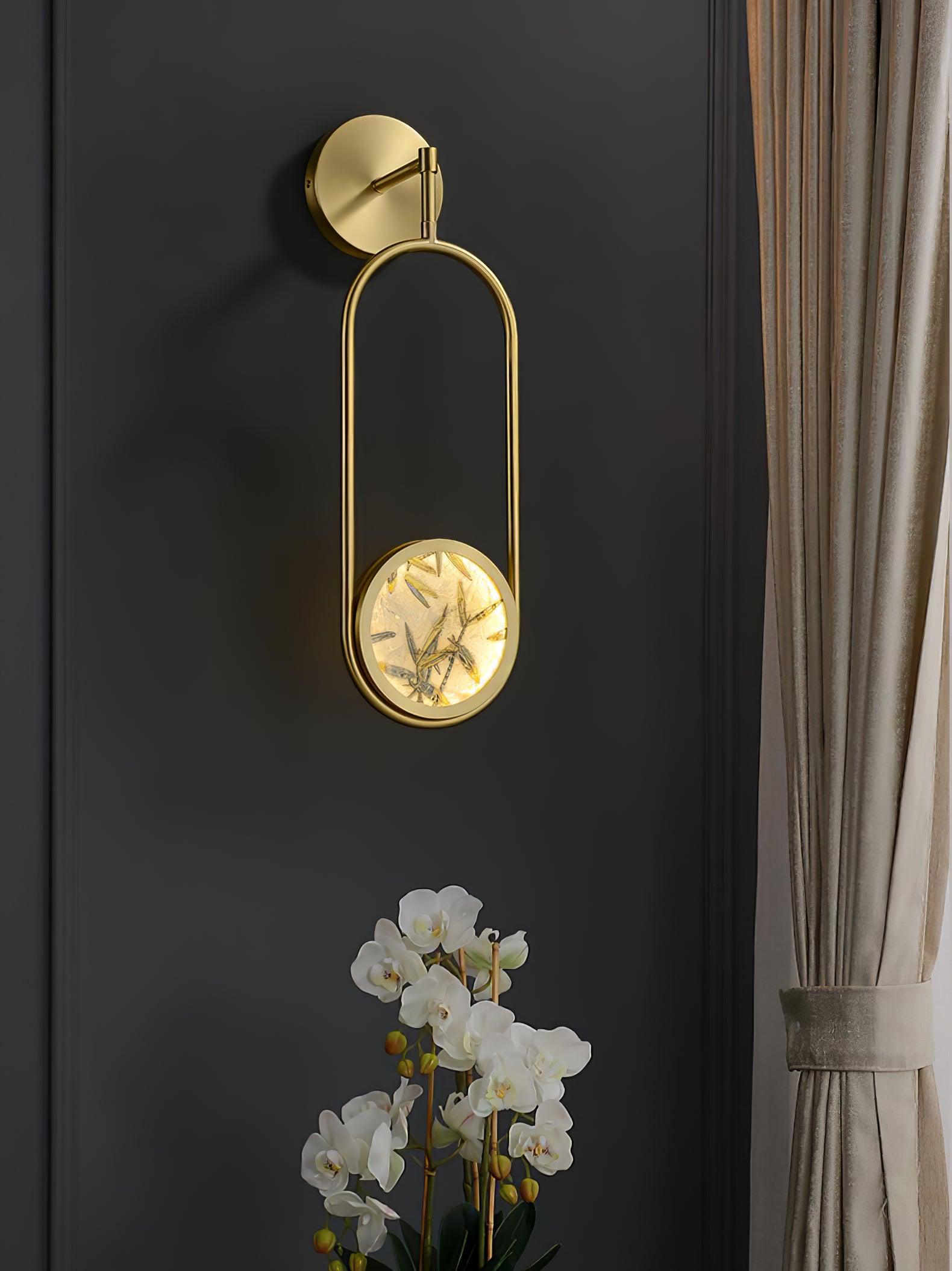 Modern Brass Wall Sconce with Enamel Stained Glass Disc and Integrated LED Lighting