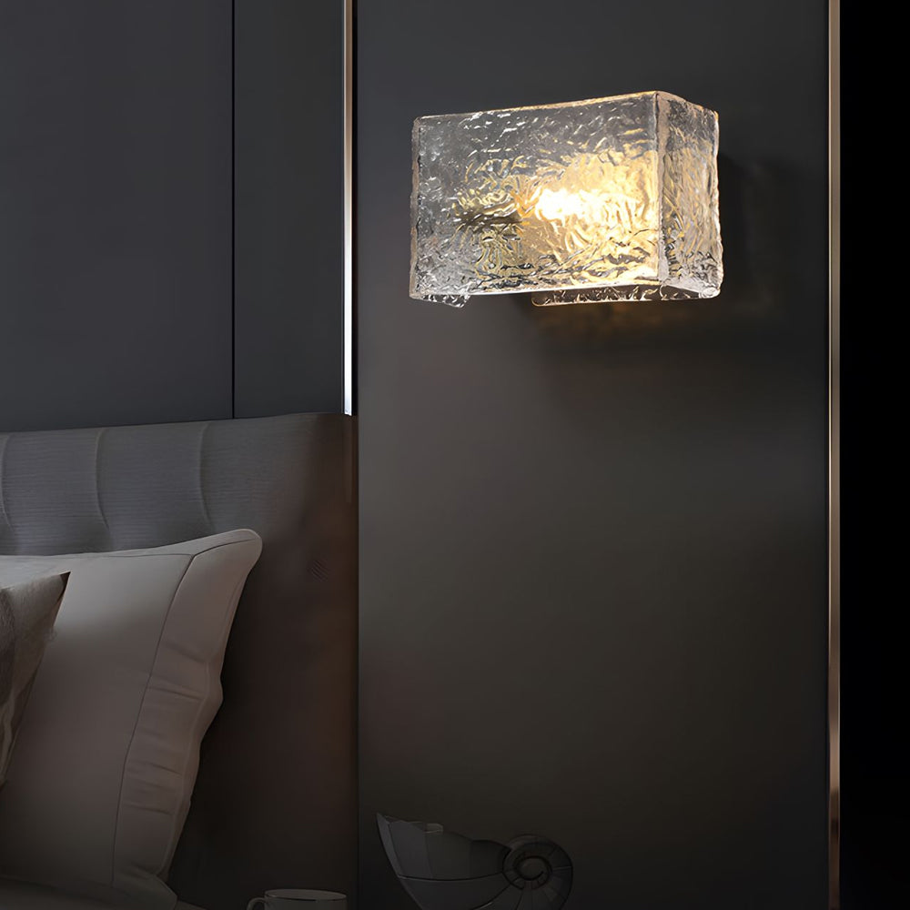 Modern Brass Wall Sconce with Rectangular Water Ripple Glass Shade for Bedroom