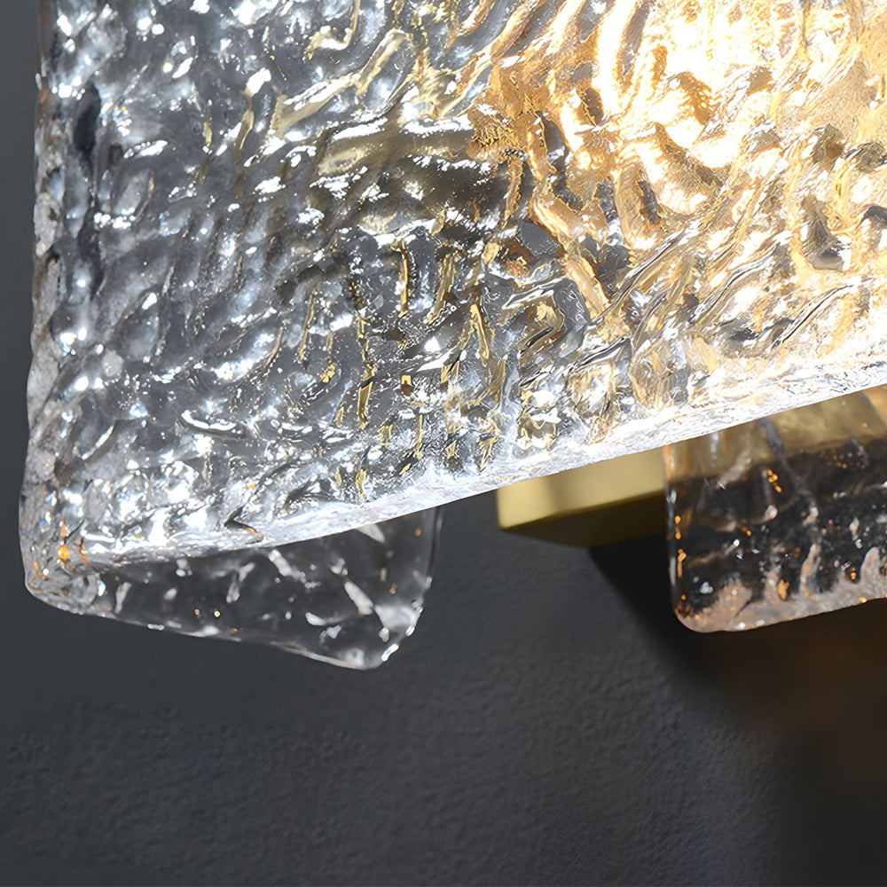 Modern Brass Wall Sconce with Rectangular Water Ripple Glass Shade for Bedroom